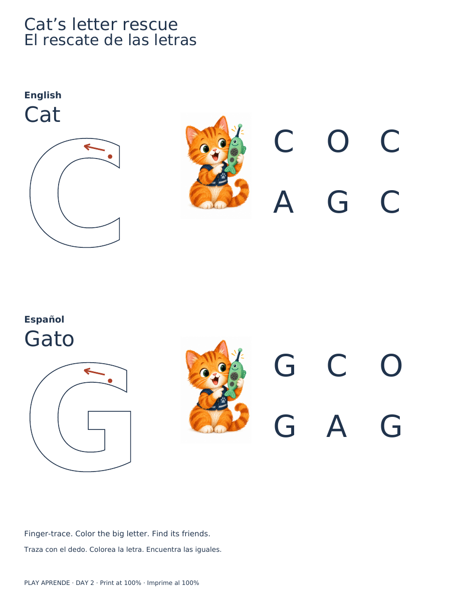 Printable preview: Cat starts with C. Gato starts with G.