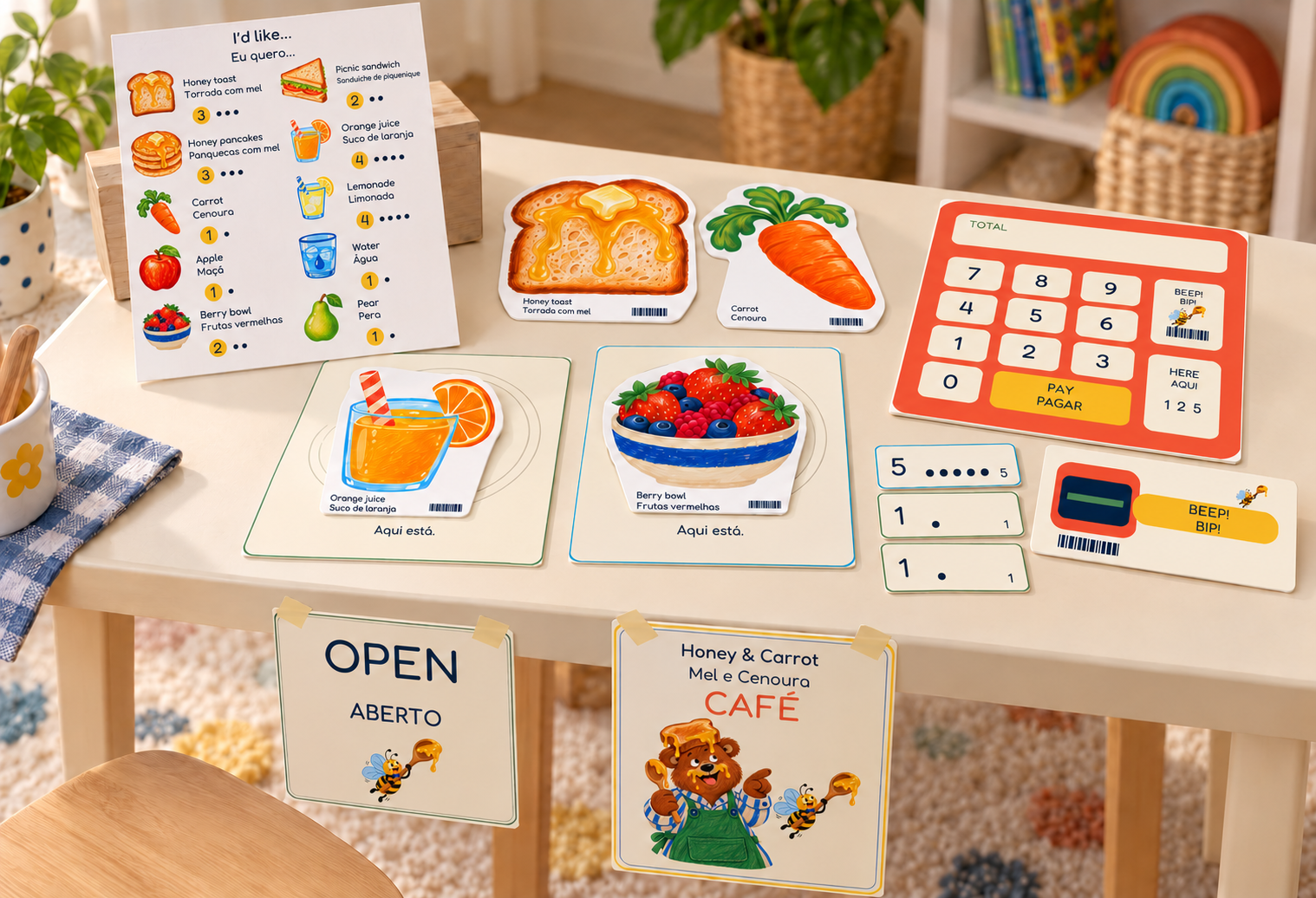 Actual printed café setup with large paper food, menu and pretend till