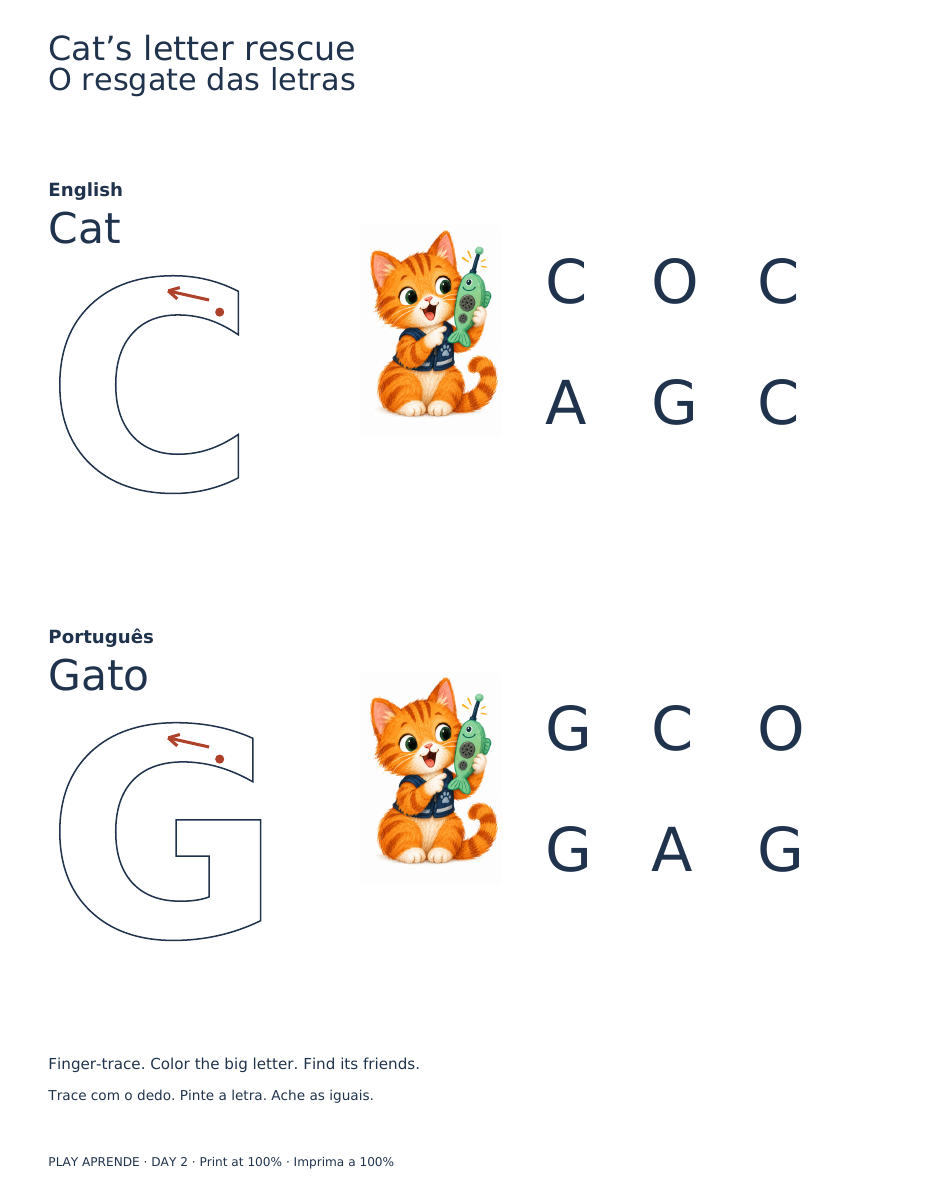 Printable preview: Cat starts with C. Gato starts with G.