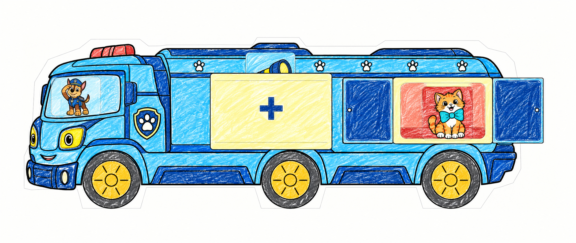 Colored illustrated assembly of the actual seven daily paper contributions, with wheels, crew, cargo pocket and opening rescue-bay doors