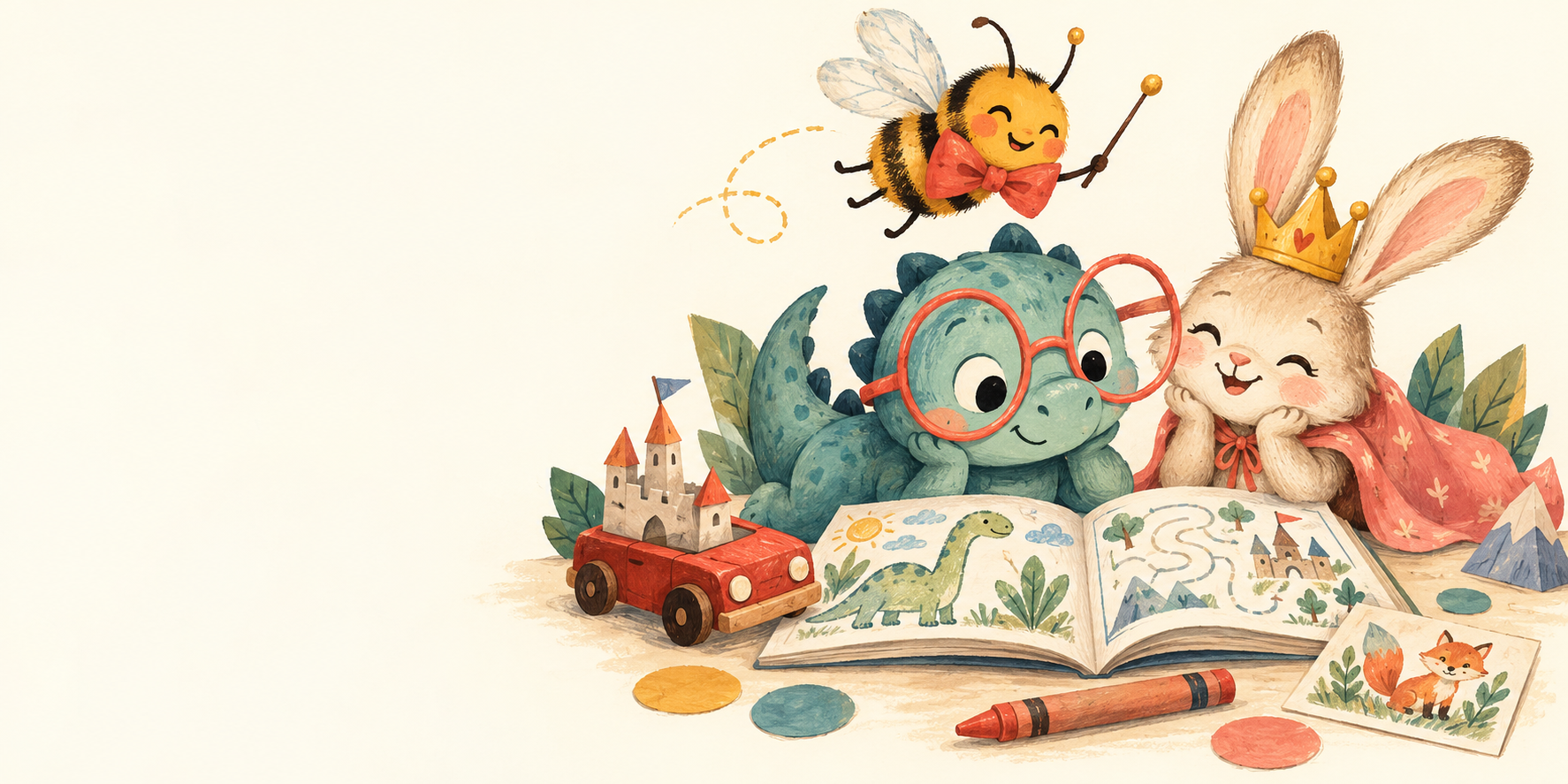 A smiling dinosaur and crowned rabbit share a picture book, with a toy car, castle and colorful play pages.