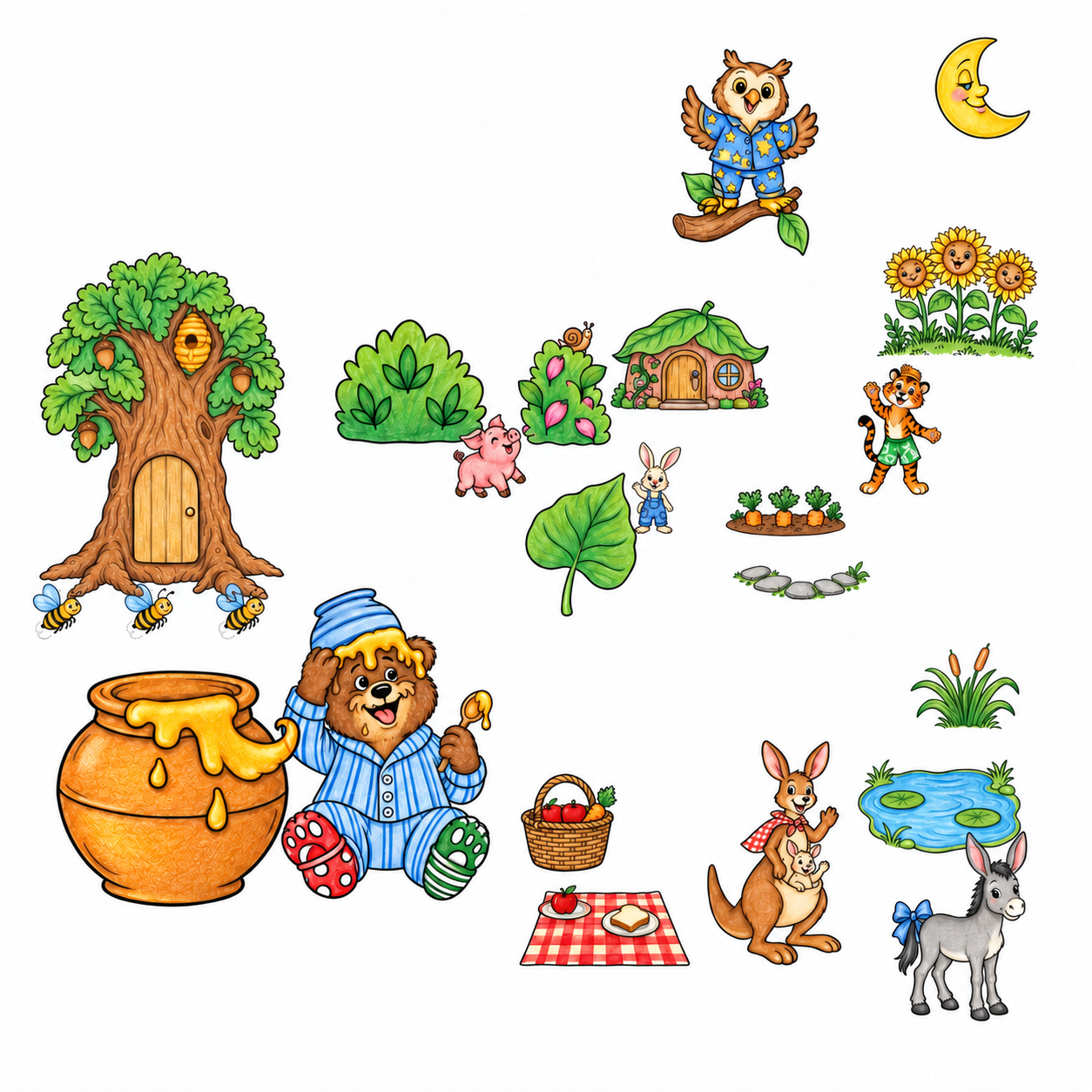 Colored illustrated assembly of all seven daily contributions: woodland friends, homes, pond, tree, flowers and final picnic with Kangaroo, Roo and Bear