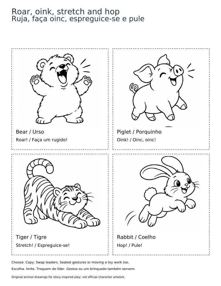 Printable preview: Roar, oink, stretch and hop