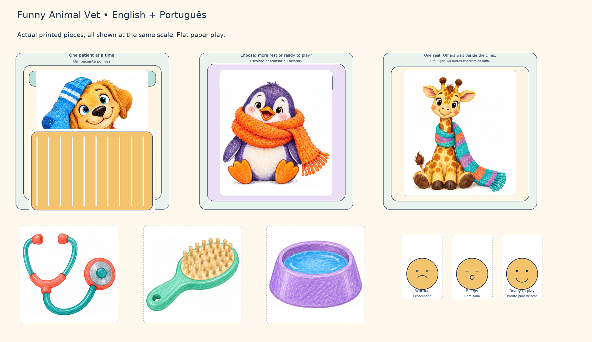 Actual printed animal patients, examination and recovery mats, and gentle care props