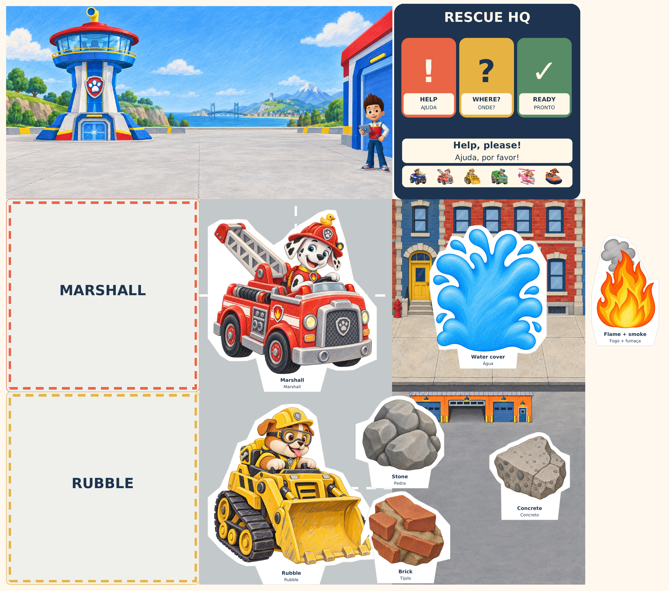 Actual printed rescue headquarters, roads and movable rescue vehicles