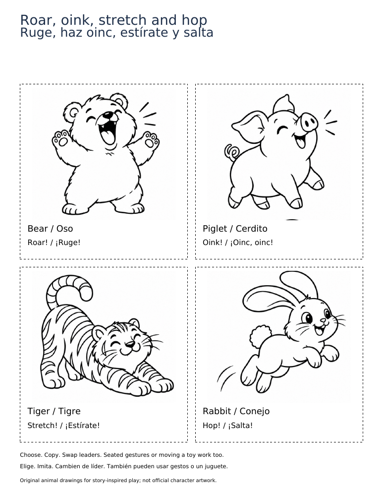 Printable preview: Roar, oink, stretch and hop