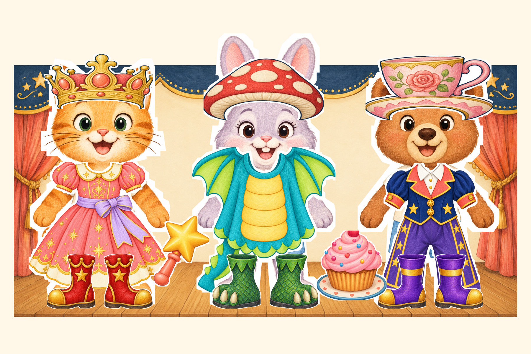 Actual printed animal actors wearing interchangeable costumes on their stage